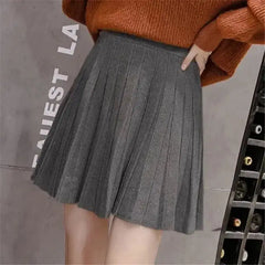 High Waist Knitted Mini Skirt - Women's Pleated Autumn Skirt