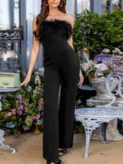 Women's Sequined Feather Jumpsuit - Black Bandeau Evening Wear