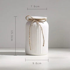 Minimalist White Ceramic Vase with Hemp Rope - Stylish Tabletop Decor