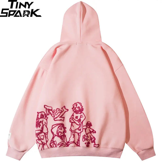 Pink Gothic Streetwear Hoodie - Rhinestone Skull Design