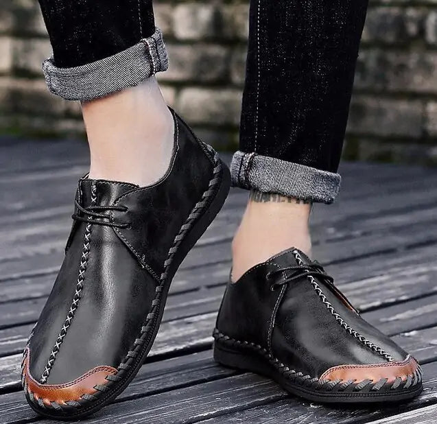 Light Casual Male Shoes - Stylish Black Leather Sneakers