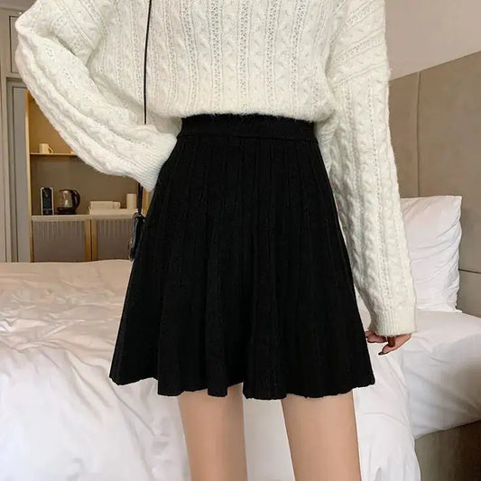 High Waist Knitted Mini Skirt - Women's Pleated Autumn Skirt