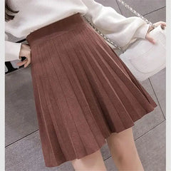 High Waist Knitted Mini Skirt - Women's Pleated Autumn Skirt