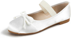 Beige Ballet Flats - Comfortable Silk Satin Bow Detail Shoes