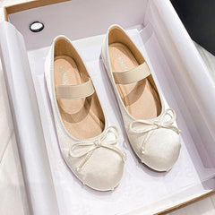 Beige Ballet Flats - Comfortable Silk Satin Bow Detail Shoes