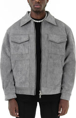 Boxy Suede Jacket - Men's Vintage Zipper Lapel Style