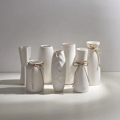 Minimalist White Ceramic Vase with Hemp Rope - Stylish Tabletop Decor