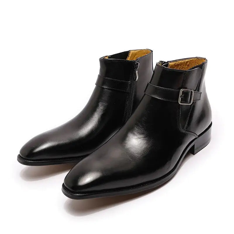 Men's Italian Leather Dress Boots - Zipper & Buckle Vintage Chelsea Boots