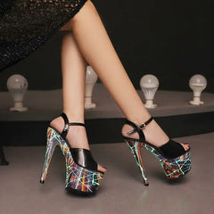 Leather Stiletto High Heels - Leopard & Fluorescent Sandals