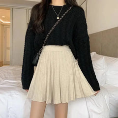 High Waist Knitted Mini Skirt - Women's Pleated Autumn Skirt