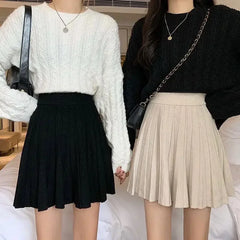 High Waist Knitted Mini Skirt - Women's Pleated Autumn Skirt