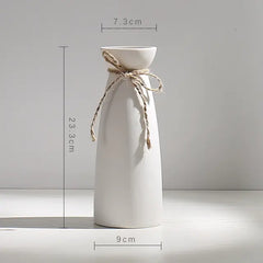 Minimalist White Ceramic Vase with Hemp Rope - Stylish Tabletop Decor