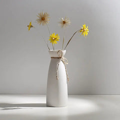 Minimalist White Ceramic Vase with Hemp Rope - Stylish Tabletop Decor