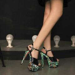 Leather Stiletto High Heels - Leopard & Fluorescent Sandals