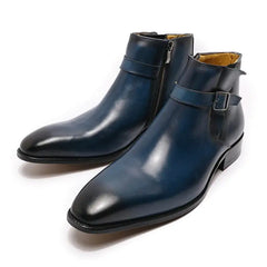 Men's Italian Leather Dress Boots - Zipper & Buckle Vintage Chelsea Boots