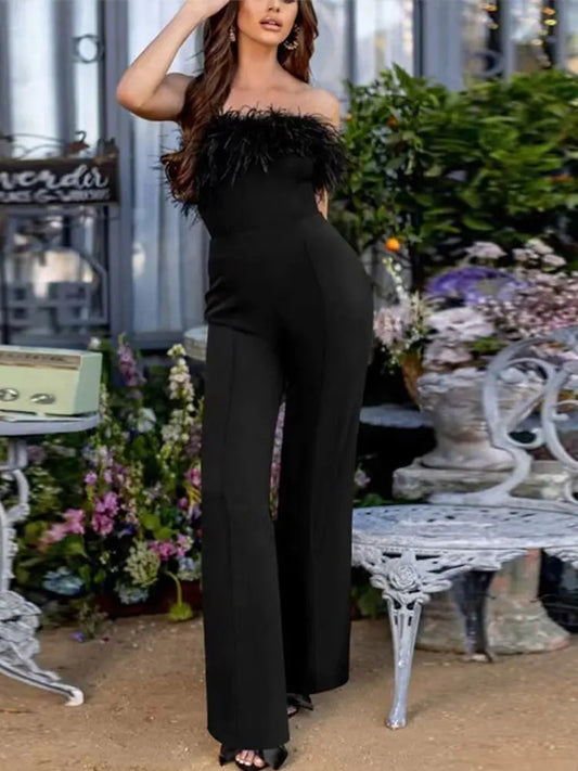 Women's Sequined Feather Jumpsuit - Black Bandeau Evening Wear